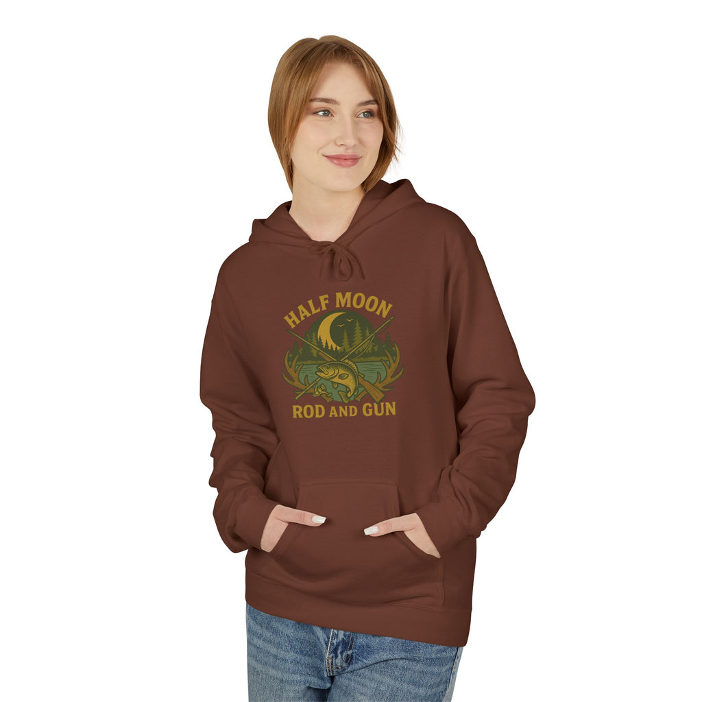 Half Moon Rod and Gun Hoodie - Outdoor Enthusiast Fleece Sweatshirt, Casual Wear, Gift for Fishermen, Camping Apparel, Nature Lover