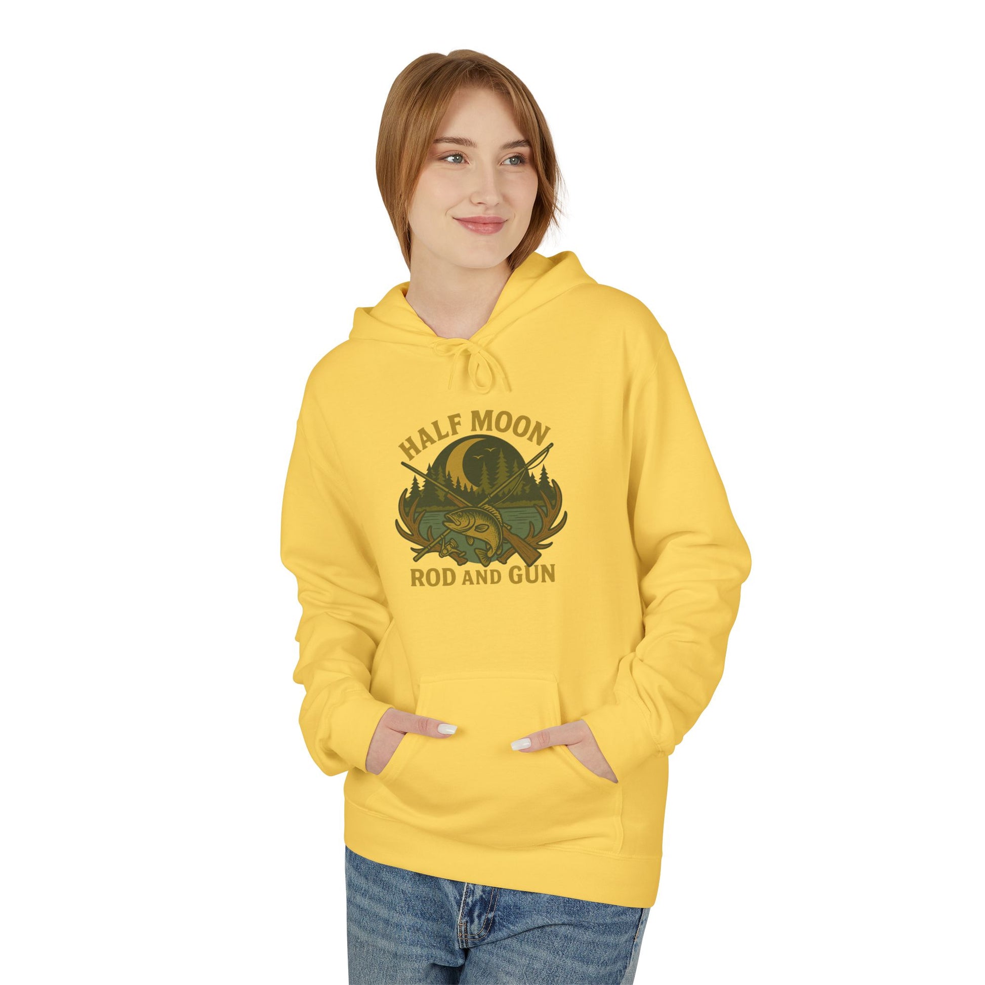 Half Moon Rod and Gun Hoodie - Outdoor Enthusiast Fleece Sweatshirt, Casual Wear, Gift for Fishermen, Camping Apparel, Nature Lover