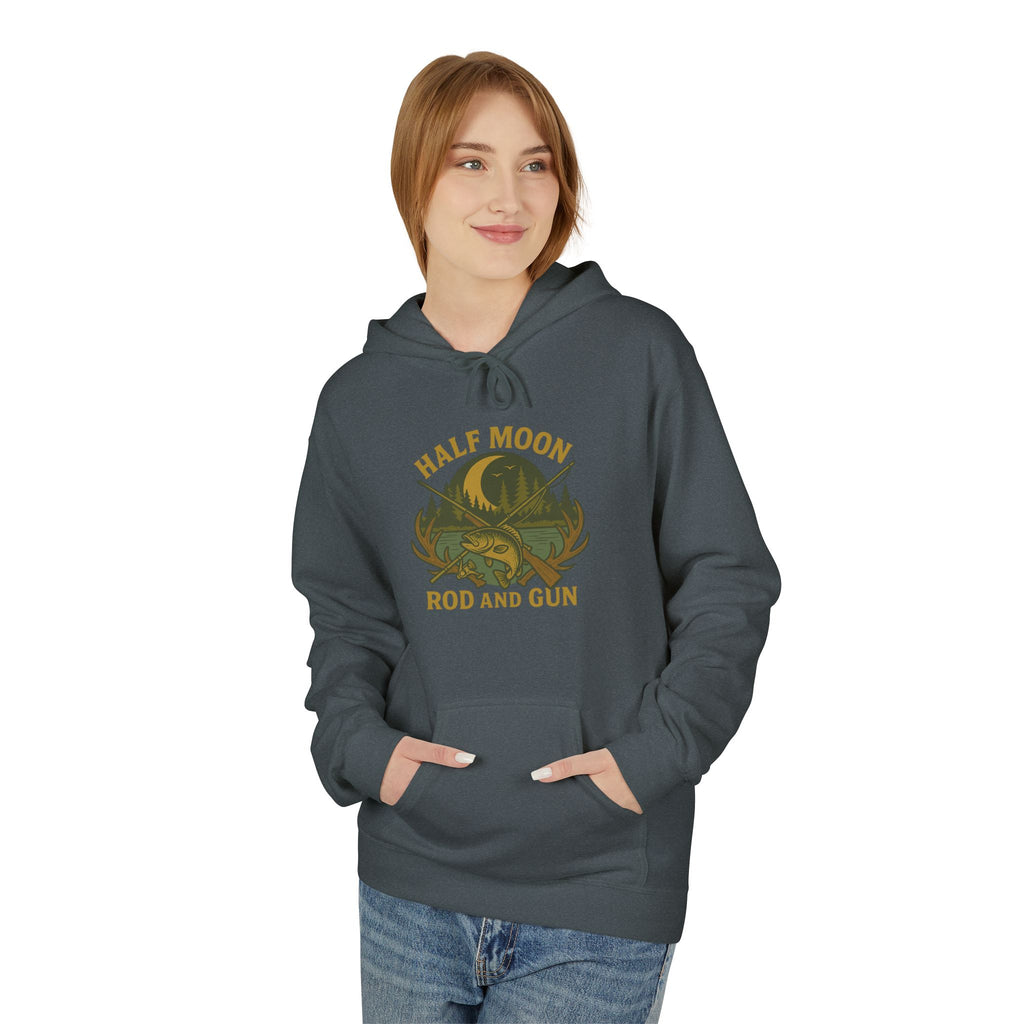 Half Moon Rod and Gun Hoodie - Outdoor Enthusiast Fleece Sweatshirt, Casual Wear, Gift for Fishermen, Camping Apparel, Nature Lover