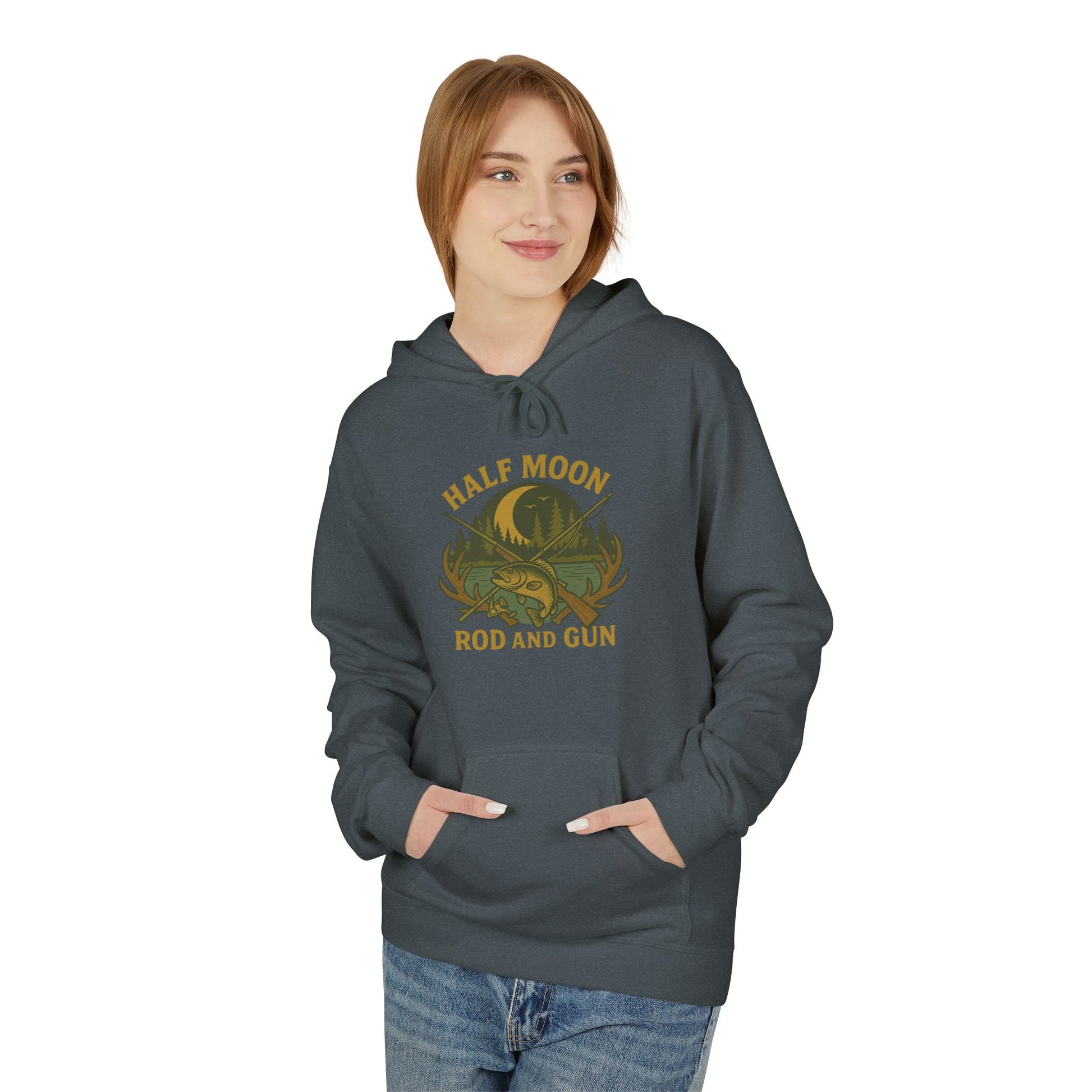 Half Moon Rod and Gun Hoodie - Outdoor Enthusiast Fleece Sweatshirt, Casual Wear, Gift for Fishermen, Camping Apparel, Nature Lover