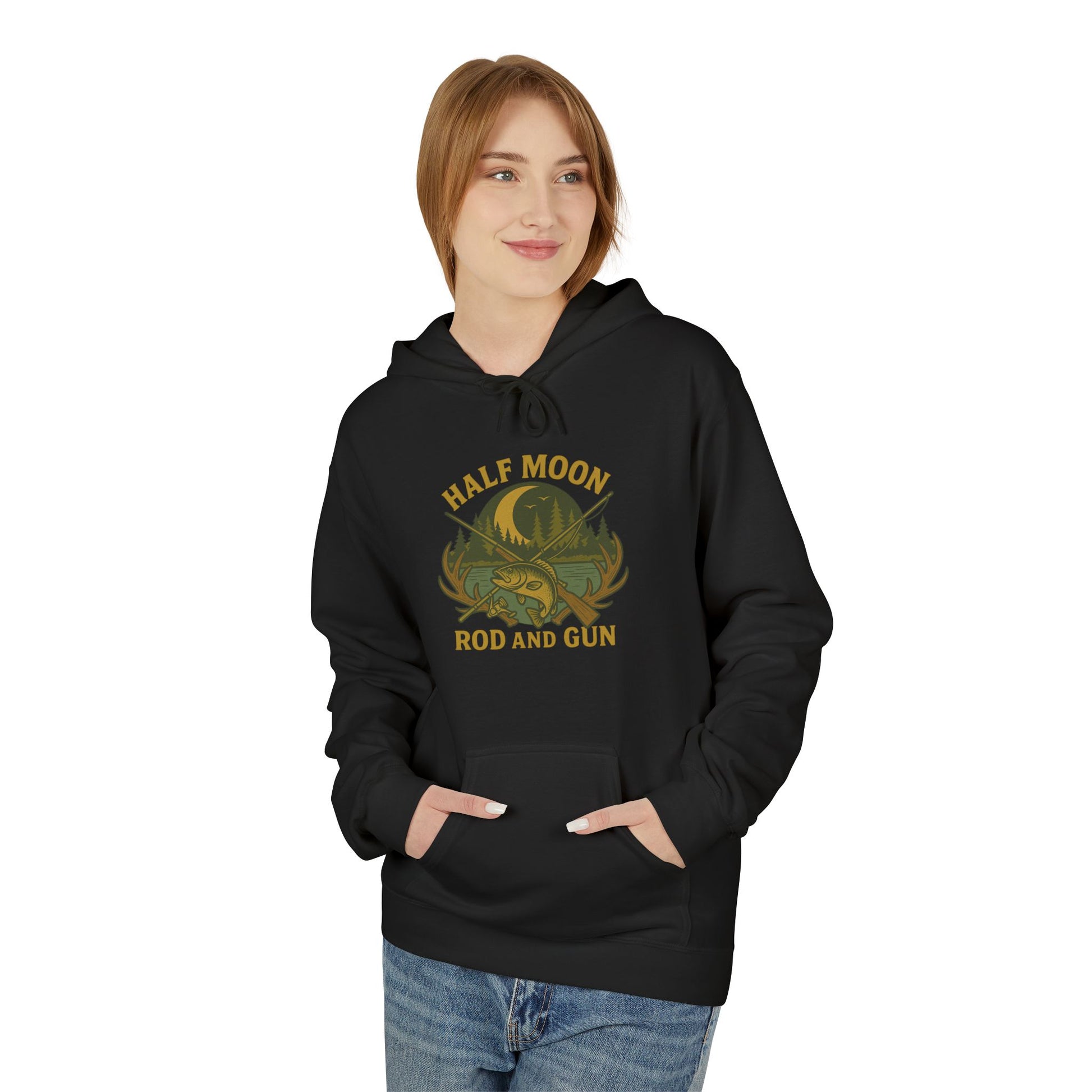Half Moon Rod and Gun Hoodie - Outdoor Enthusiast Fleece Sweatshirt, Casual Wear, Gift for Fishermen, Camping Apparel, Nature Lover