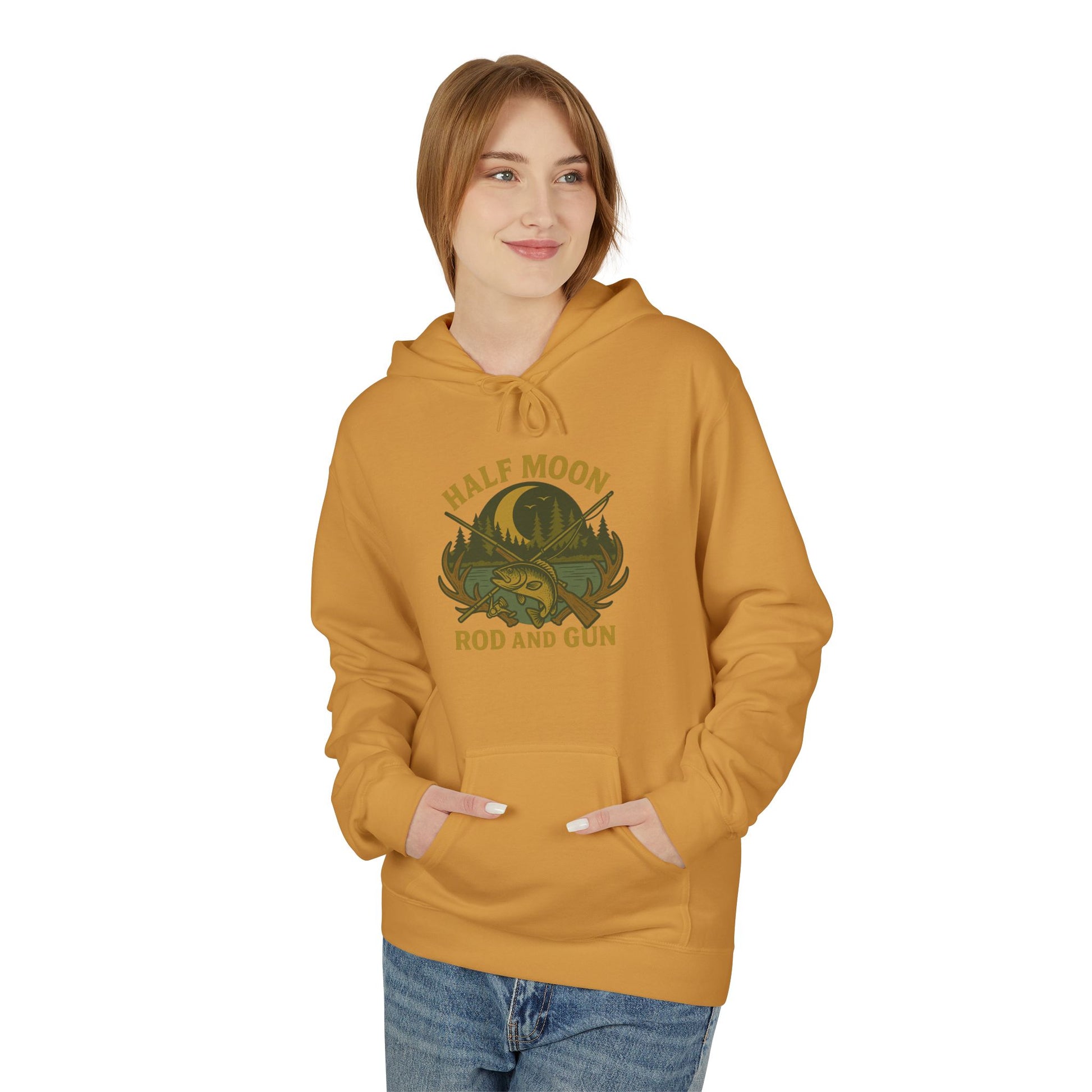 Half Moon Rod and Gun Hoodie - Outdoor Enthusiast Fleece Sweatshirt, Casual Wear, Gift for Fishermen, Camping Apparel, Nature Lover