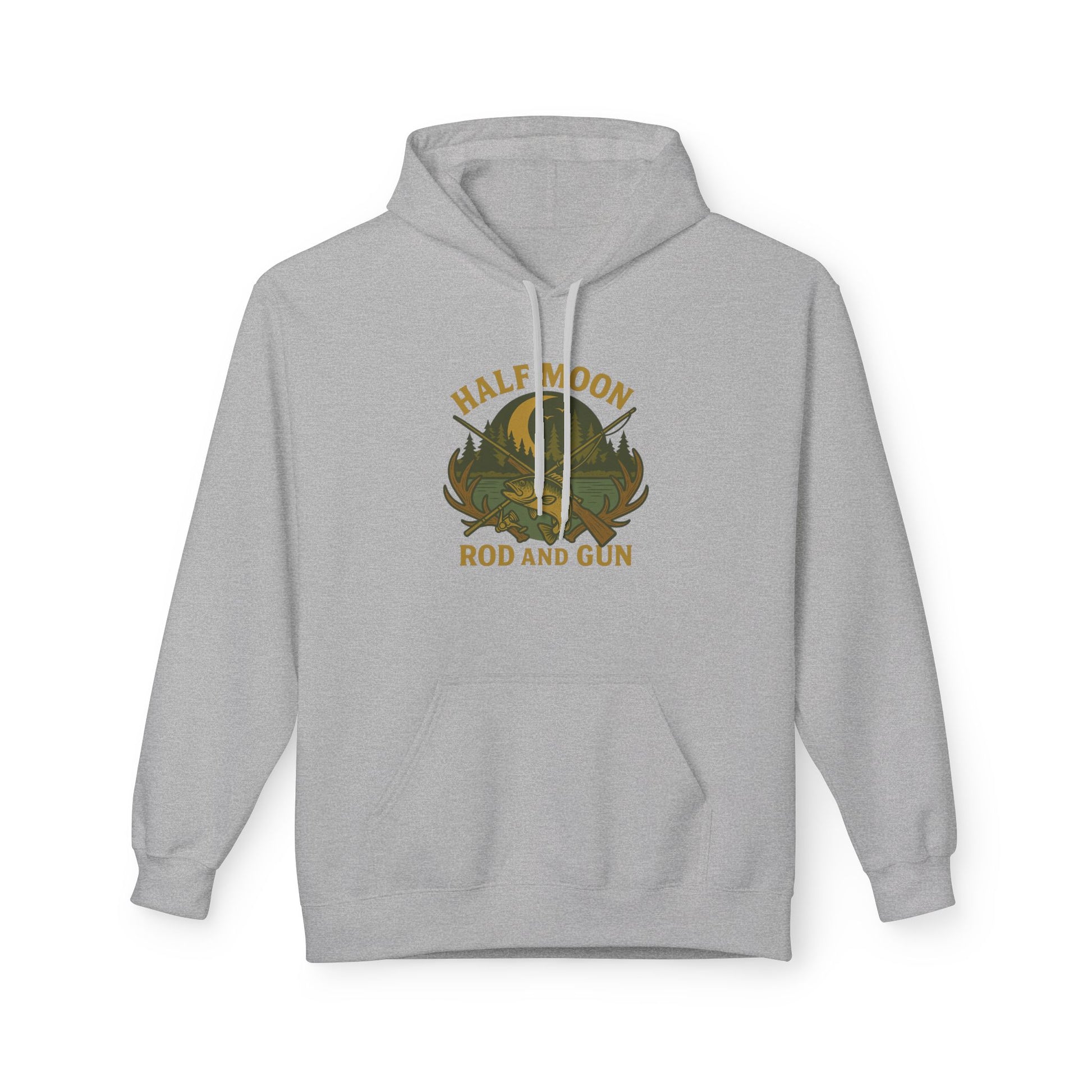 Half Moon Rod and Gun Hoodie - Outdoor Enthusiast Fleece Sweatshirt, Casual Wear, Gift for Fishermen, Camping Apparel, Nature Lover