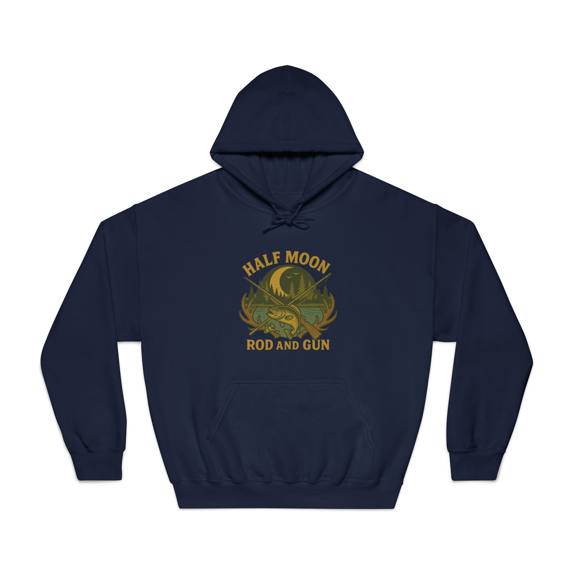 Half Moon Rod and Gun Hoodie, Unisex Fishing Sweatshirt, Outdoor Adventure Apparel, Gift for Fisherman, Cozy Casual Wear