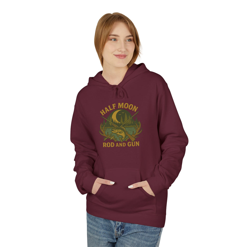 Half Moon Rod and Gun Hoodie - Outdoor Enthusiast Fleece Sweatshirt, Casual Wear, Gift for Fishermen, Camping Apparel, Nature Lover