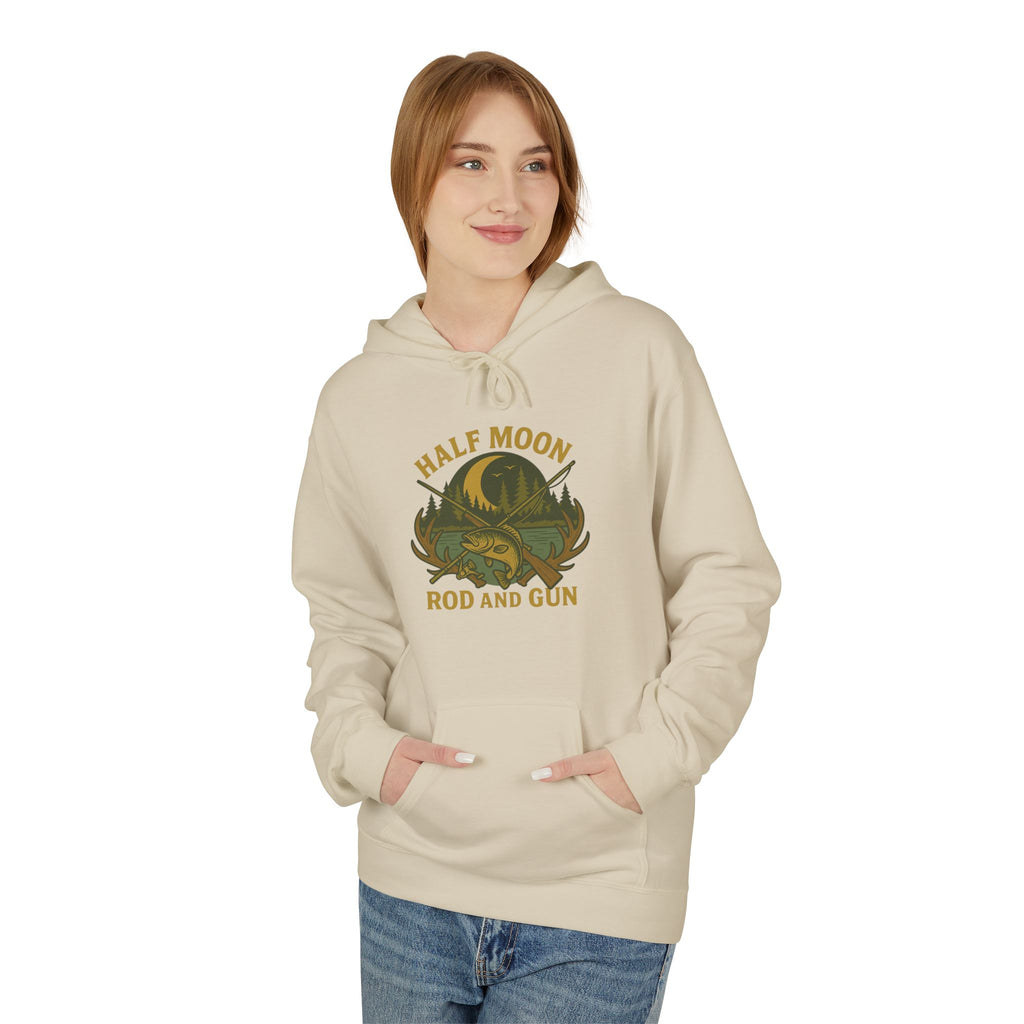 Half Moon Rod and Gun Hoodie - Outdoor Enthusiast Fleece Sweatshirt, Casual Wear, Gift for Fishermen, Camping Apparel, Nature Lover
