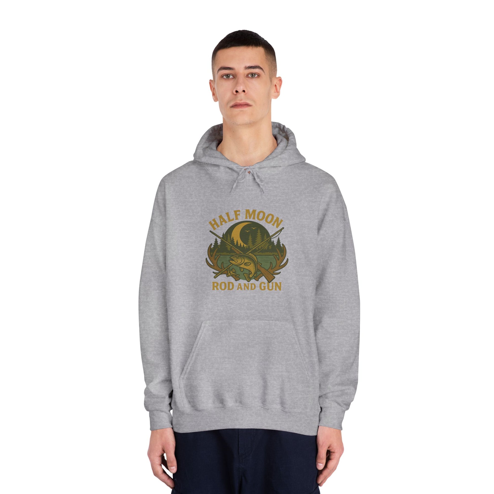 Half Moon Rod and Gun Hoodie, Unisex Fishing Sweatshirt, Outdoor Adventure Apparel, Gift for Fisherman, Cozy Casual Wear