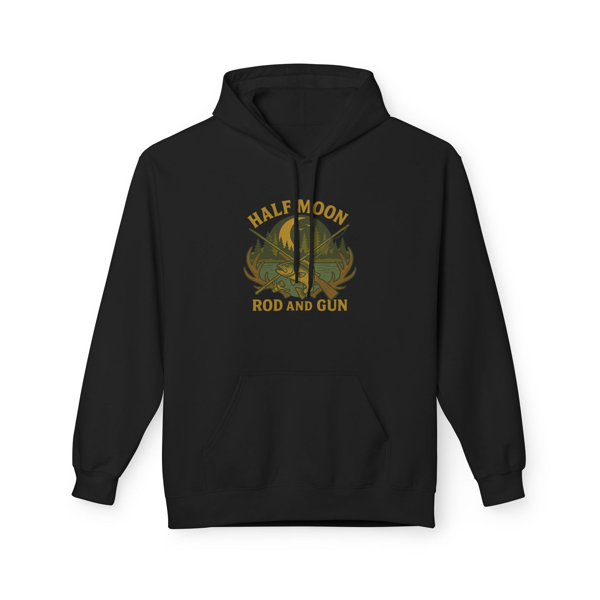 Half Moon Rod and Gun Hoodie - Outdoor Enthusiast Fleece Sweatshirt, Casual Wear, Gift for Fishermen, Camping Apparel, Nature Lover
