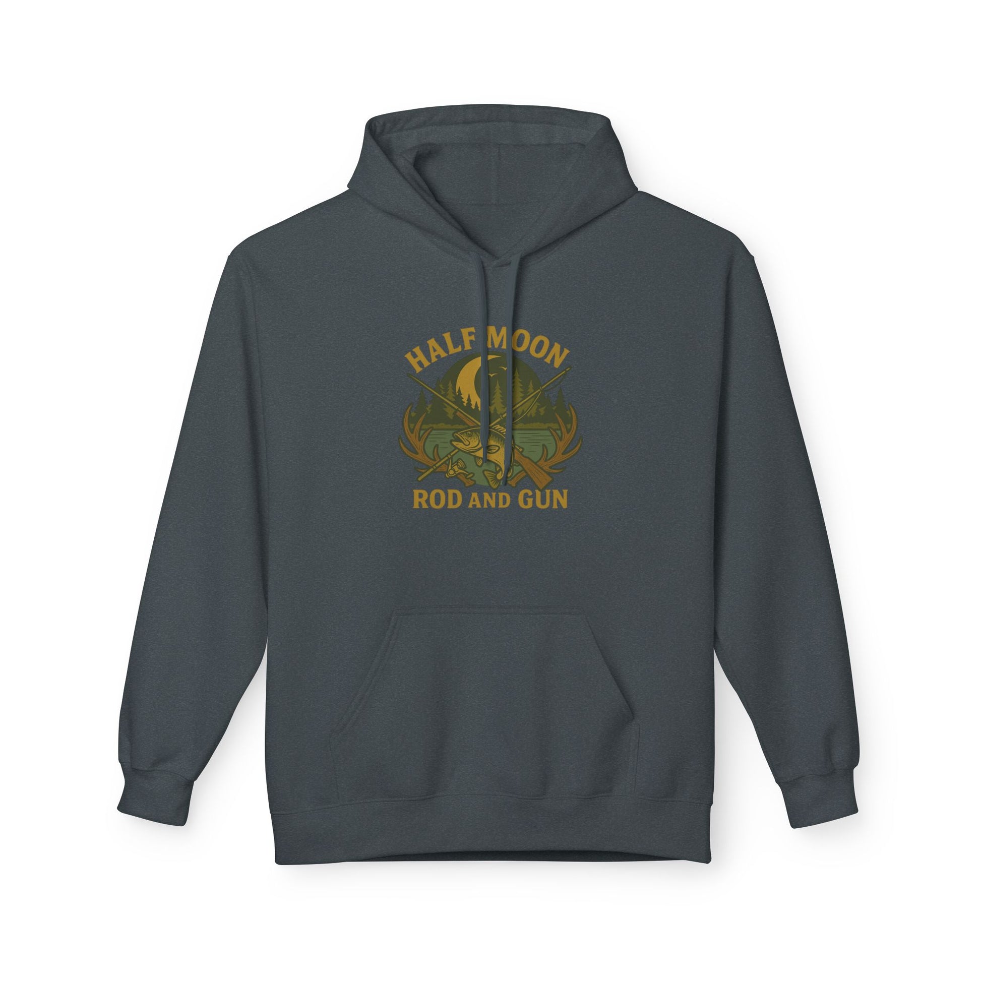 Half Moon Rod and Gun Hoodie - Outdoor Enthusiast Fleece Sweatshirt, Casual Wear, Gift for Fishermen, Camping Apparel, Nature Lover