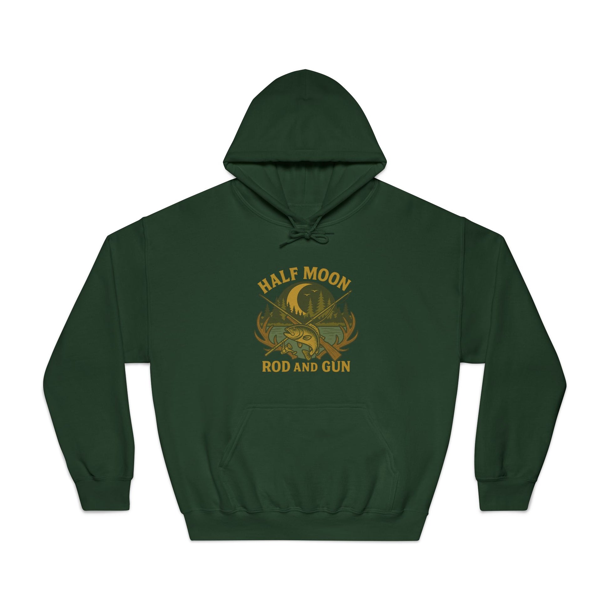 Half Moon Rod and Gun Hoodie, Unisex Fishing Sweatshirt, Outdoor Adventure Apparel, Gift for Fisherman, Cozy Casual Wear