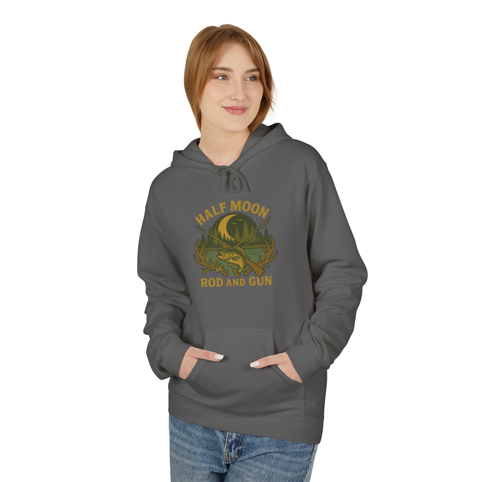 Half Moon Rod and Gun Hoodie - Outdoor Enthusiast Fleece Sweatshirt, Casual Wear, Gift for Fishermen, Camping Apparel, Nature Lover