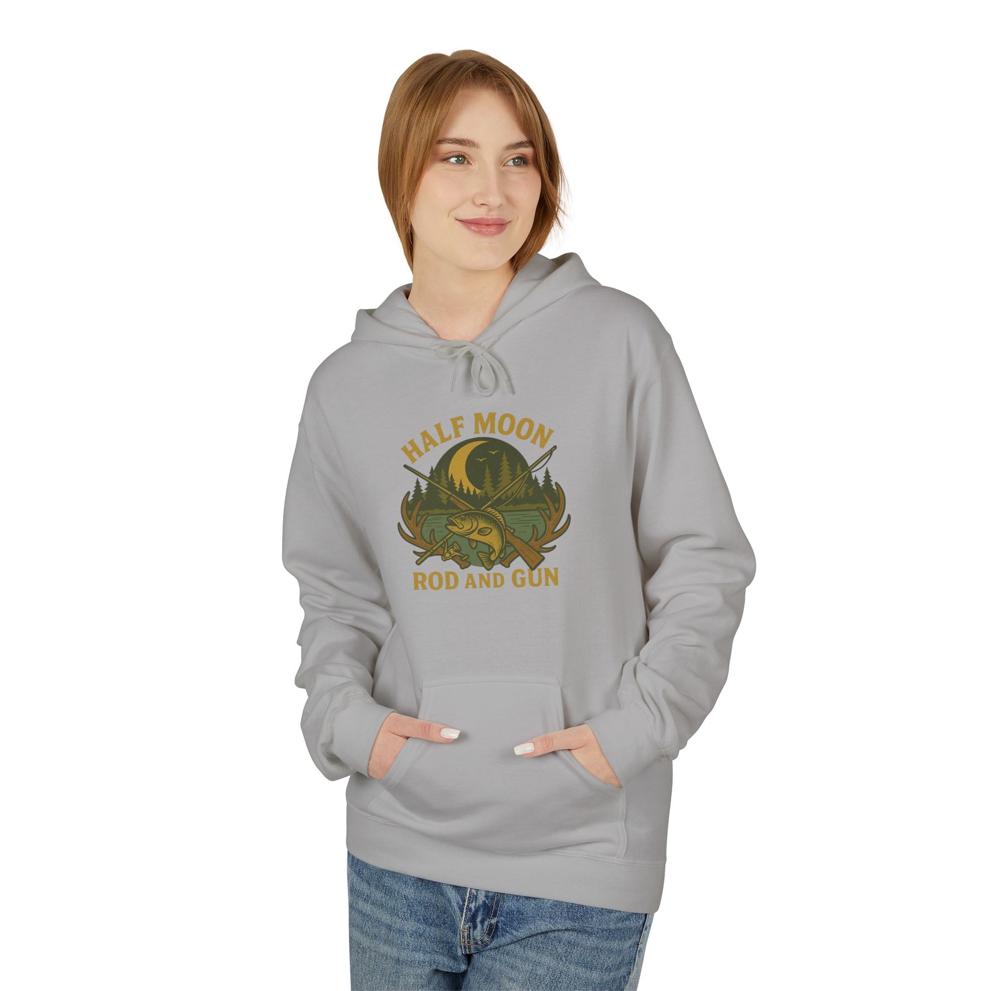 Half Moon Rod and Gun Hoodie - Outdoor Enthusiast Fleece Sweatshirt, Casual Wear, Gift for Fishermen, Camping Apparel, Nature Lover