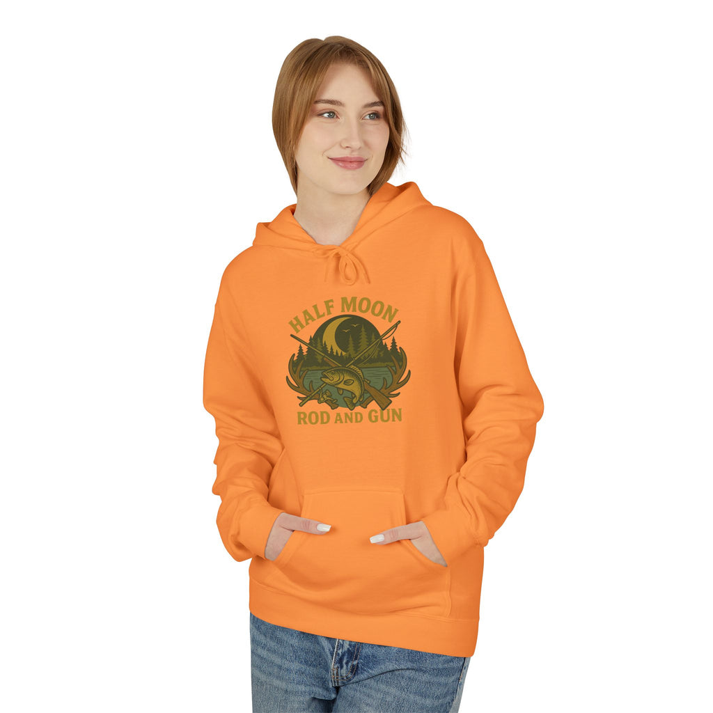 Half Moon Rod and Gun Hoodie - Outdoor Enthusiast Fleece Sweatshirt, Casual Wear, Gift for Fishermen, Camping Apparel, Nature Lover