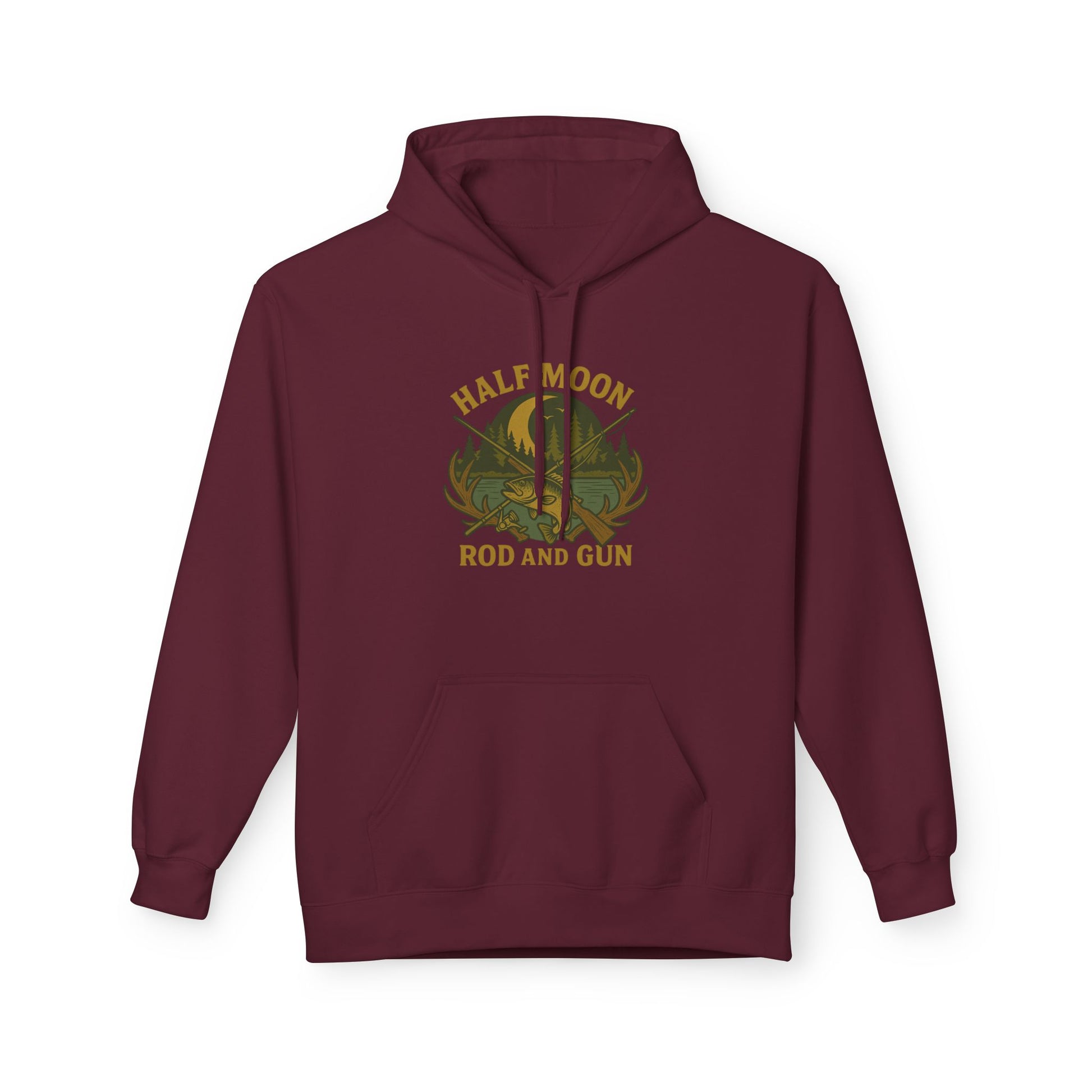 Half Moon Rod and Gun Hoodie - Outdoor Enthusiast Fleece Sweatshirt, Casual Wear, Gift for Fishermen, Camping Apparel, Nature Lover