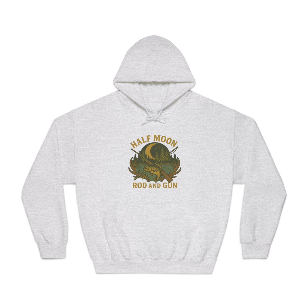 Half Moon Rod and Gun Hoodie, Unisex Fishing Sweatshirt, Outdoor Adventure Apparel, Gift for Fisherman, Cozy Casual Wear