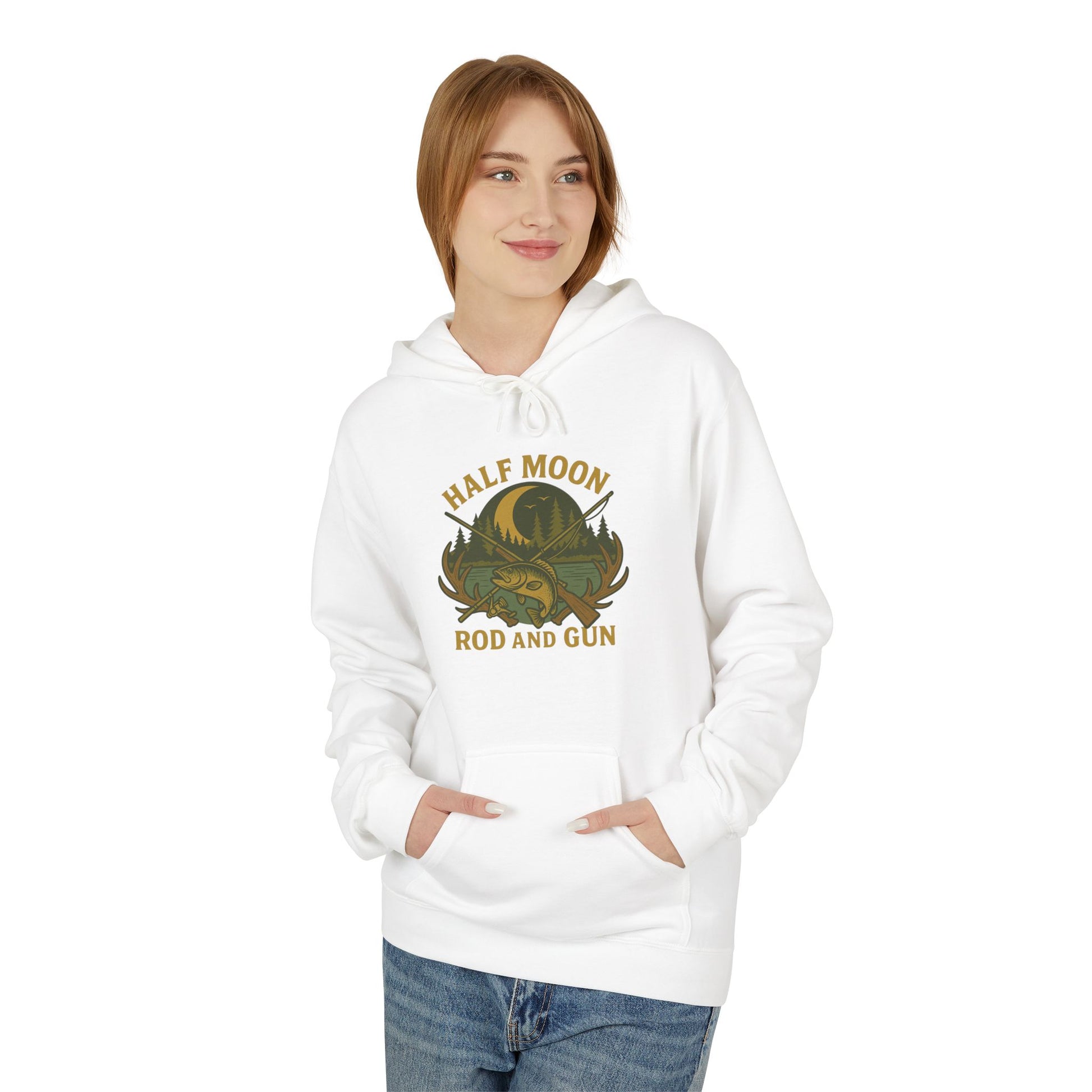 Half Moon Rod and Gun Hoodie - Outdoor Enthusiast Fleece Sweatshirt, Casual Wear, Gift for Fishermen, Camping Apparel, Nature Lover