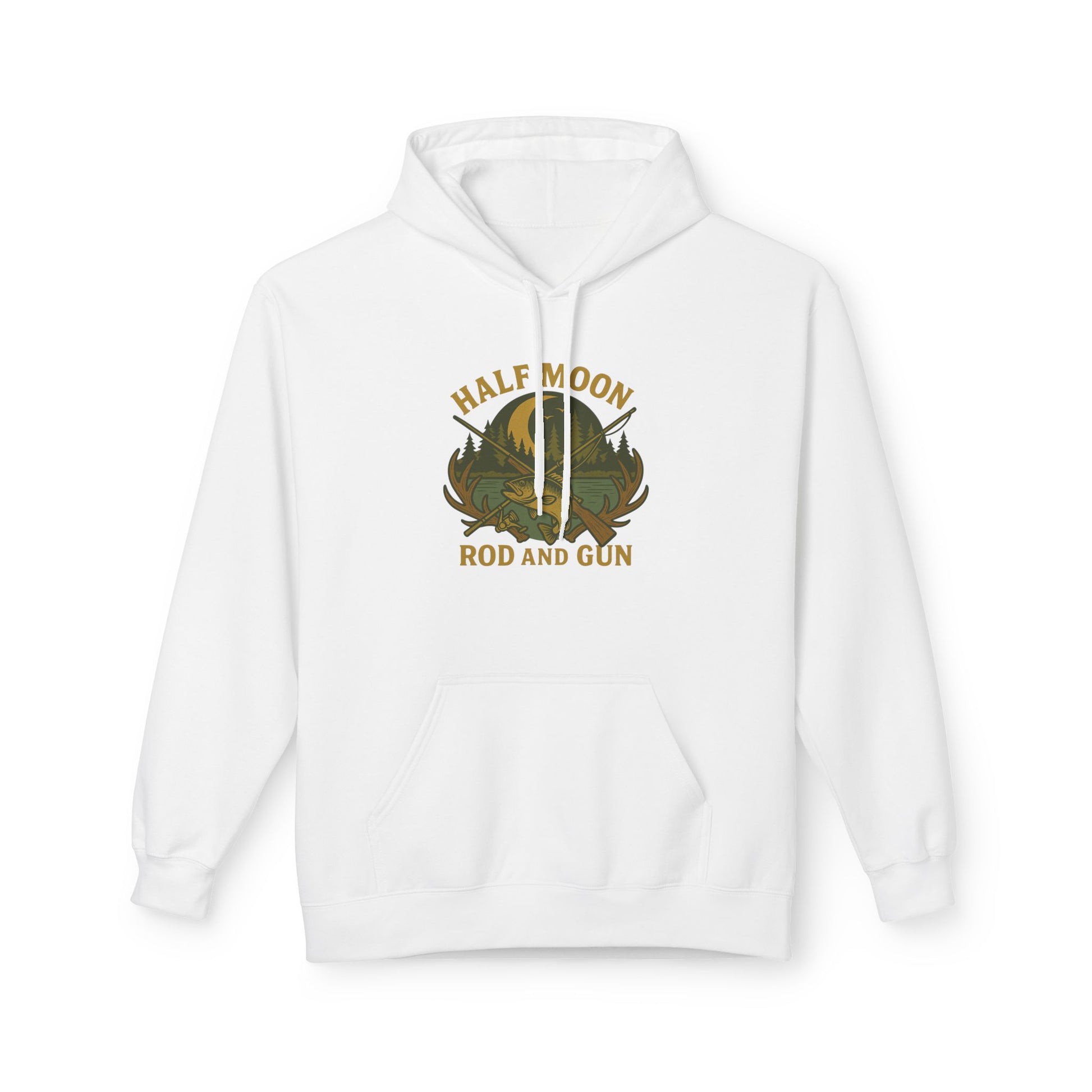 Half Moon Rod and Gun Hoodie - Outdoor Enthusiast Fleece Sweatshirt, Casual Wear, Gift for Fishermen, Camping Apparel, Nature Lover