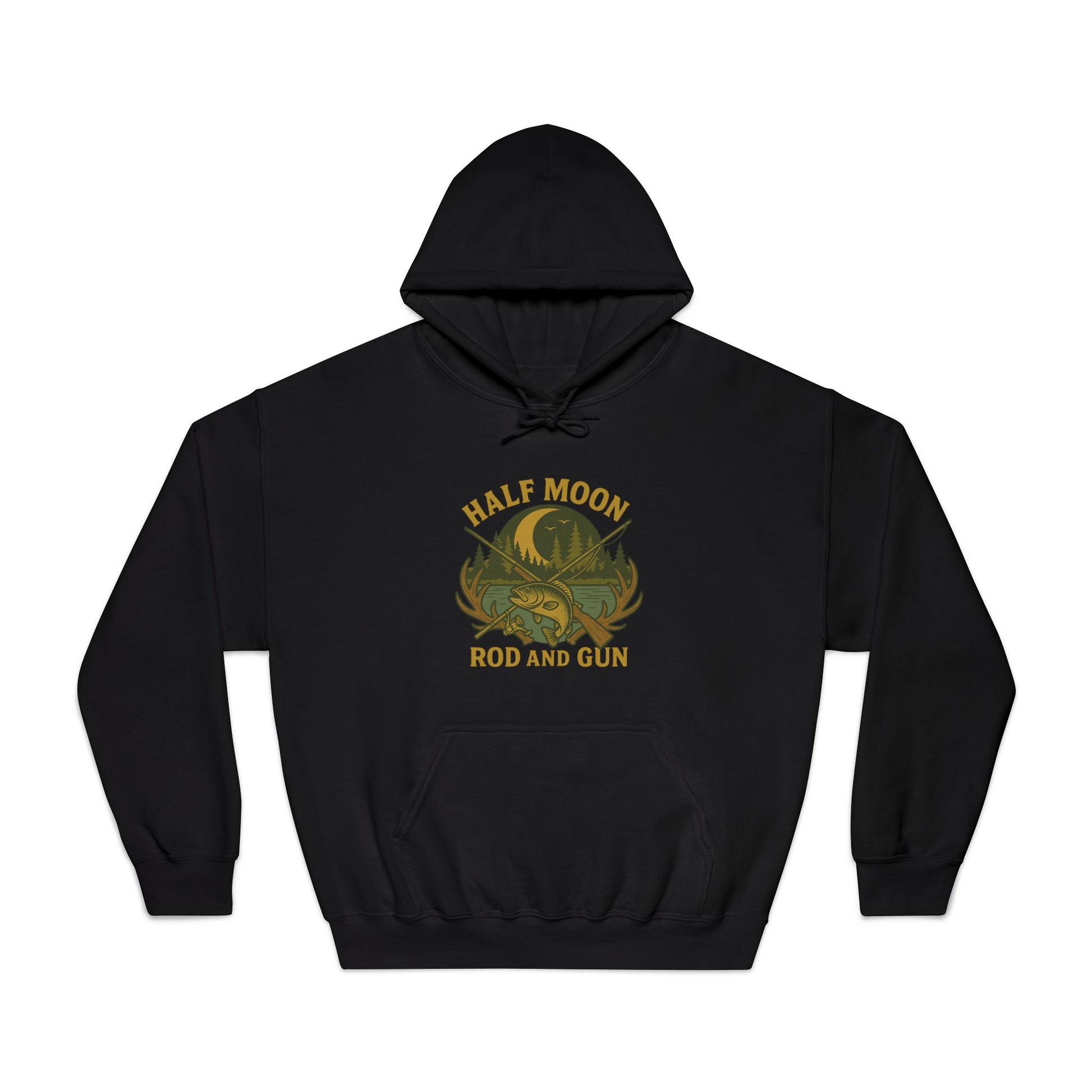 Half Moon Rod and Gun Hoodie, Unisex Fishing Sweatshirt, Outdoor Adventure Apparel, Gift for Fisherman, Cozy Casual Wear