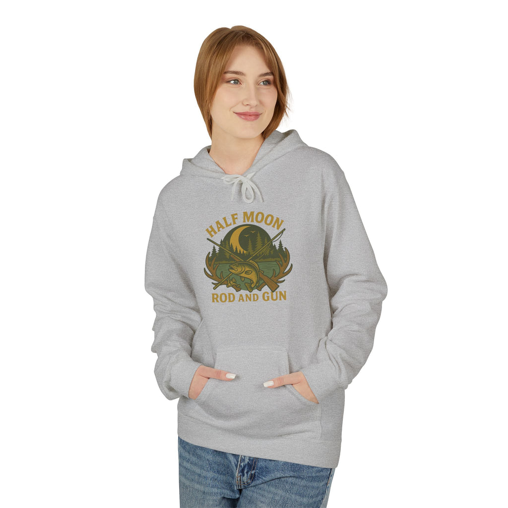 Half Moon Rod and Gun Hoodie - Outdoor Enthusiast Fleece Sweatshirt, Casual Wear, Gift for Fishermen, Camping Apparel, Nature Lover