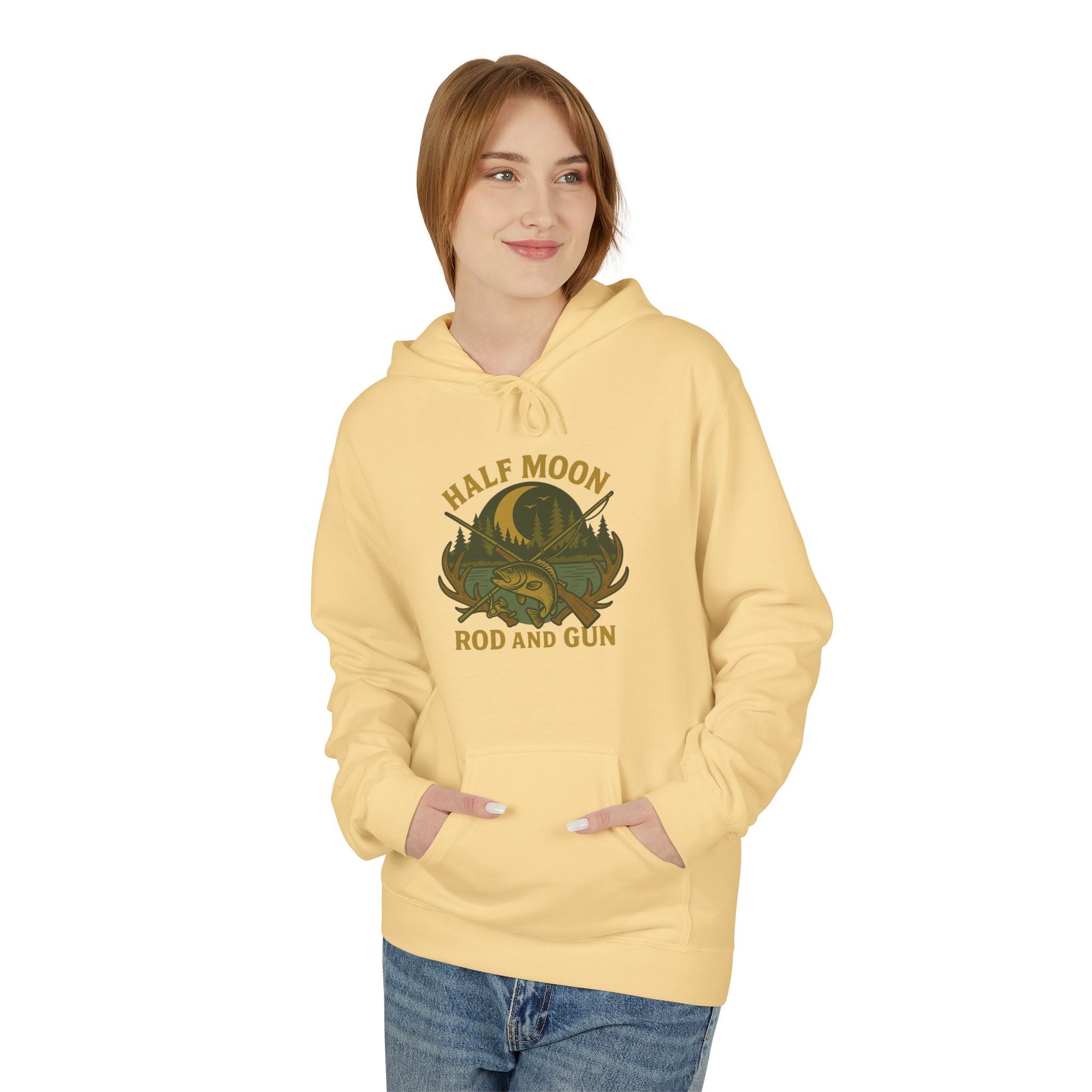 Half Moon Rod and Gun Hoodie - Outdoor Enthusiast Fleece Sweatshirt, Casual Wear, Gift for Fishermen, Camping Apparel, Nature Lover