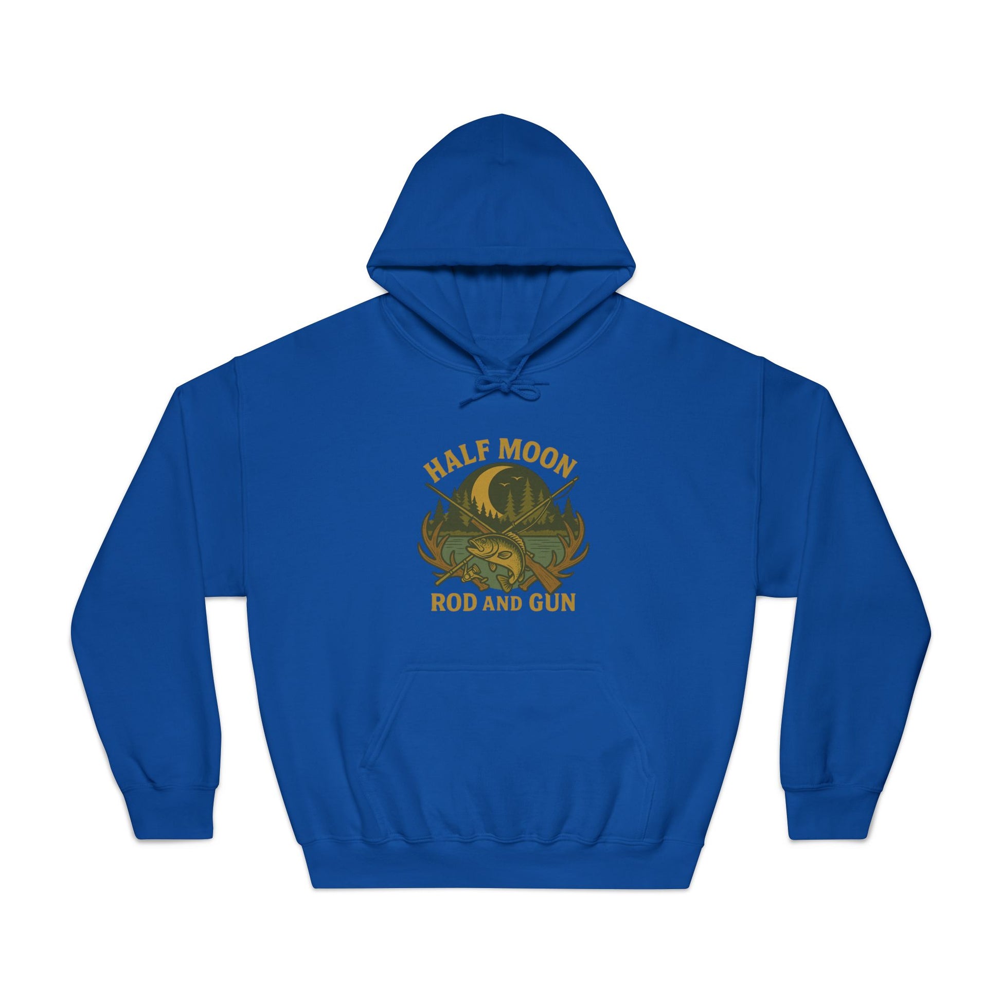 Half Moon Rod and Gun Hoodie, Unisex Fishing Sweatshirt, Outdoor Adventure Apparel, Gift for Fisherman, Cozy Casual Wear